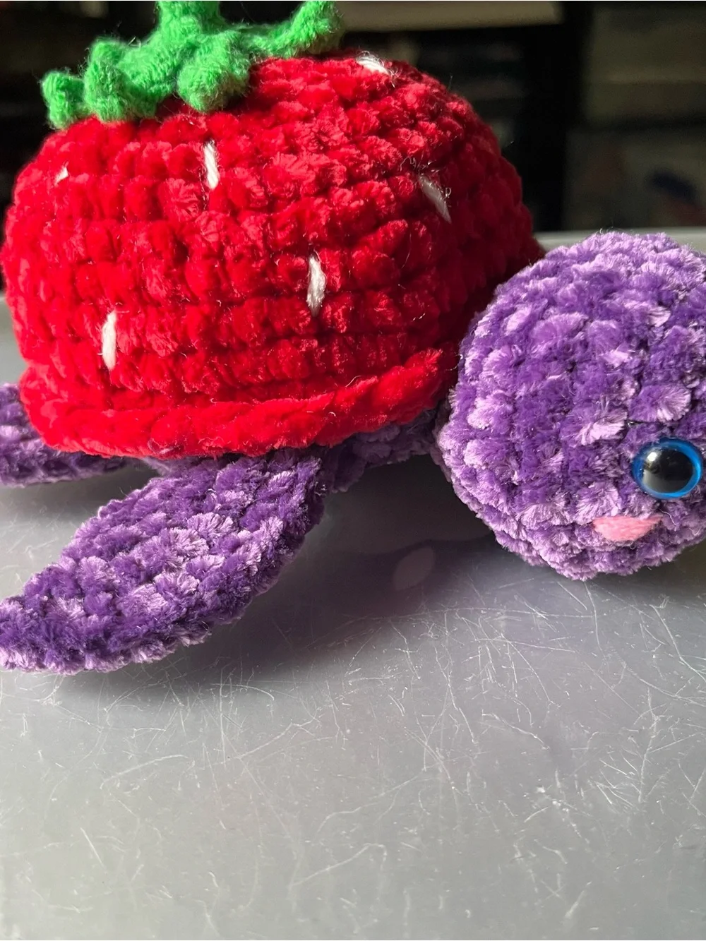 Plush Strawberry Turtle Toy - Purple & Red 6.5” Chenille yarn. New